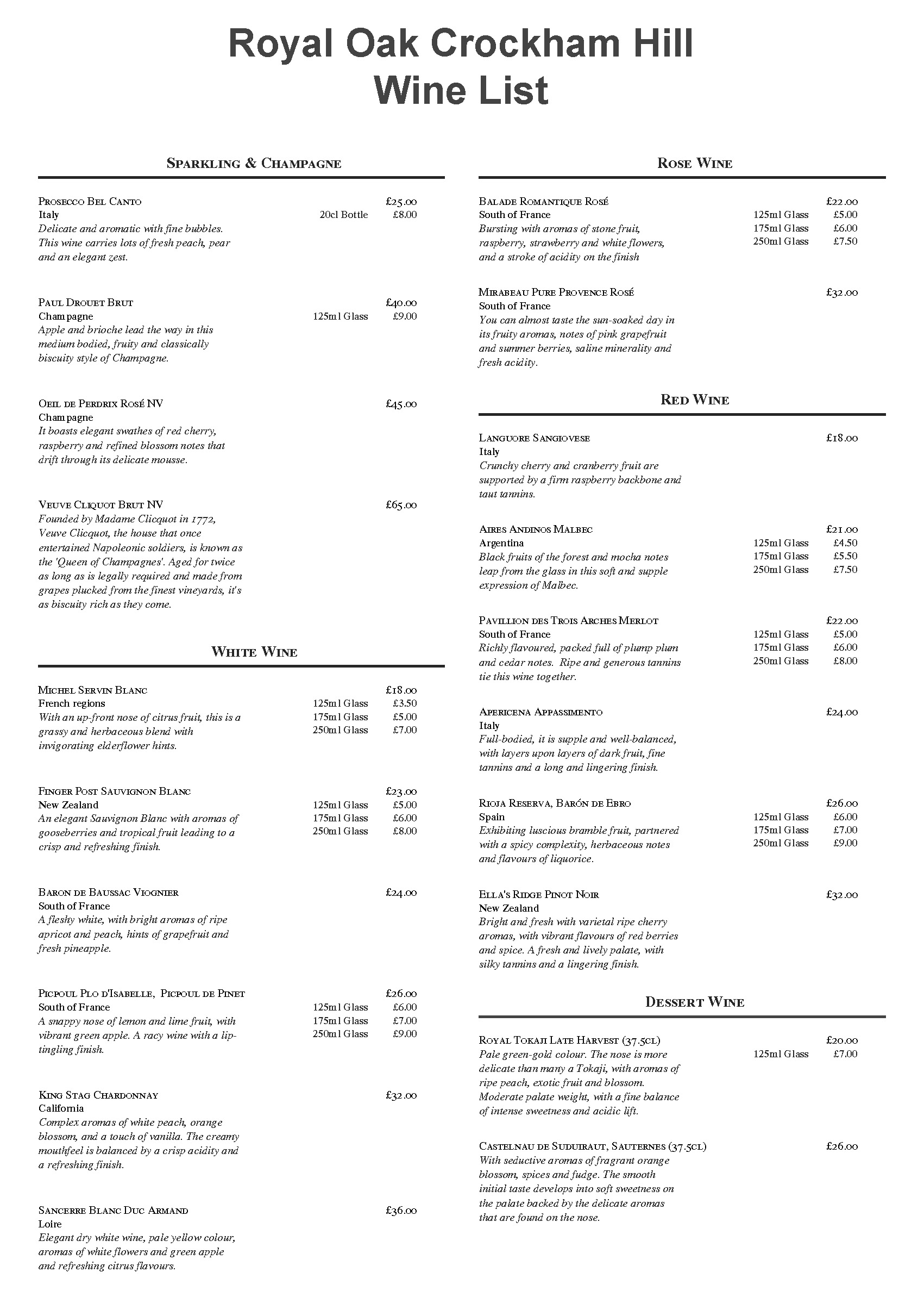 Menus Royal Oak Crockham Hill