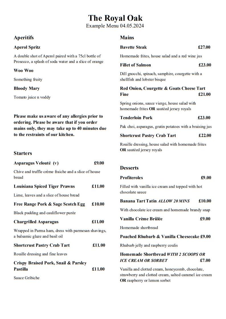 Menu showing the Aperitifs, Starters, Mains and Desserts available at the Royal Oak in Crockham Hill.